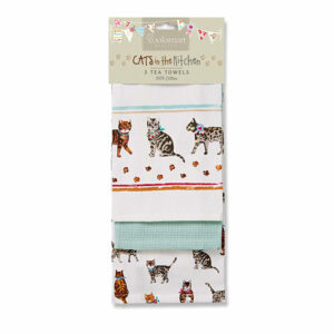 Cooksmart Cats on Parade Tea Towels, Multi-Colour, Pack of 3