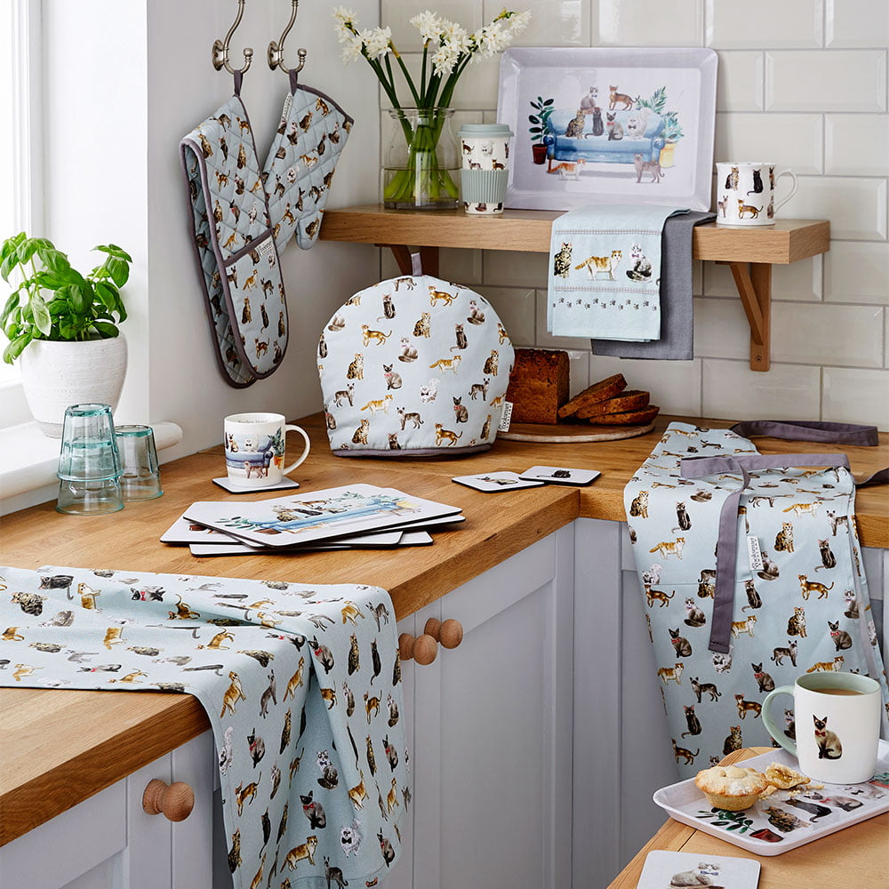 Set of 3 Tea Towels Curious Cats Design by Cooksmart-82530